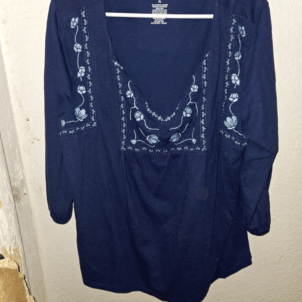 St. John's Bay Navy Blue Embroidered Blouse